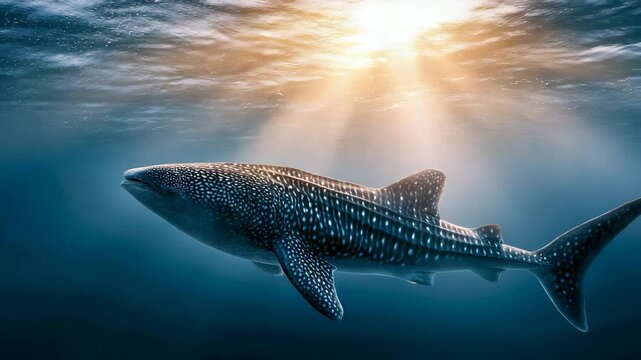 Whale Shark Swimming Through Sunlit Water Column with Dappled Light on Spotted Skin