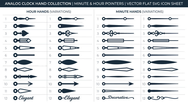 Analog Clock Hands Collection: Hour & Minute Pointers, Vector Flat SVG Icon Sheet