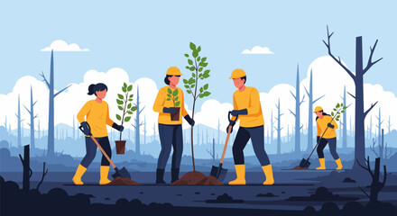 Obraz premium Group of People Planting Trees for Reforestation and Environmental Protection Vector Illustration