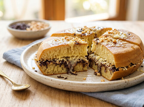 SWEET MARTABAK is a popular food in Indonesia. A soft textured cake filled with chocolate, cheese, condensed milk and peanuts.