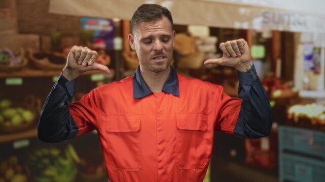 Man in orange uniform points both thumbs to chest at market stall with crates of produce and a resigned grimace; uncertainty.