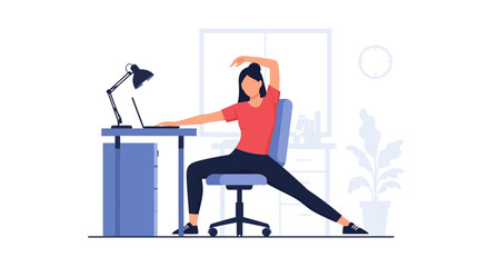 Fototapeta premium Woman Stretching at Her Desk Illustration - Office Wellness and Ergonomic Work Break Concept