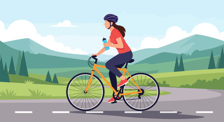 Naklejka premium Flat Vector Illustration of a Woman Riding a Bicycle on a Scenic Mountain Road; Concept for Outdoor Fitness, Healthy Lifestyle, and Eco-Friendly Travel
