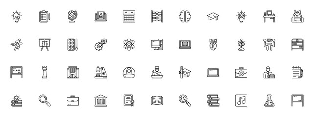 Academy icon set. Education vector icons pack. Minimalist line icons. Includes symbols for graduation, books, brain, microscope, laptop, music, art, chemistry, and more. Editable vector stroke. © wang