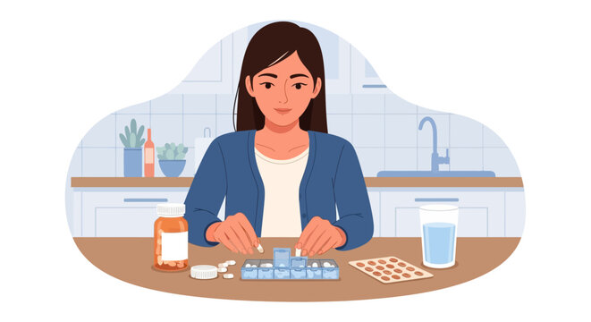 Young Woman Organizing Daily Medication in a Weekly Pill Box at Home, Healthcare and Wellness Concept Illustration