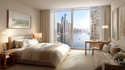 Fototapeta premium Modern bedroom interior with large windows and city skyline view