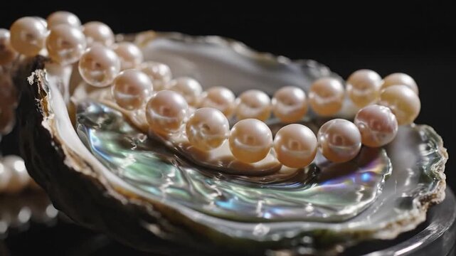 Elegant pearl necklace resting inside an open iridescent oyster shell on a black background