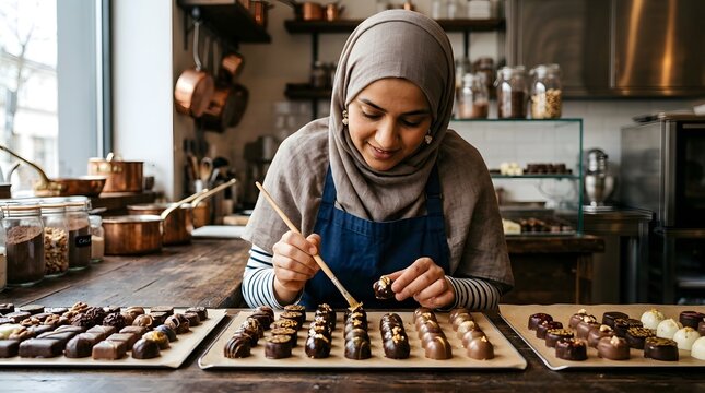 Muslim woman decorating chocolates in a kitchen.