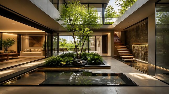 Modern luxury home interior featuring a central courtyard with a tree and water feature.