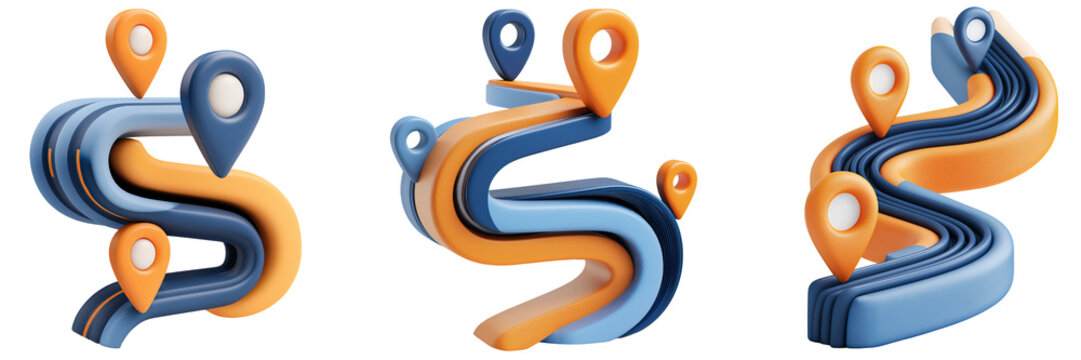 Three 3d Stylized Winding Route Paths with Multiple Location Pin Icons