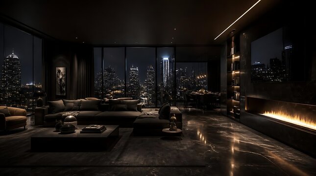Modern luxury penthouse living room interior at night with city skyline view.