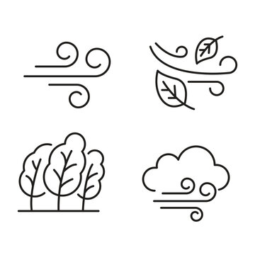 Minimal wind line icons vector set. Windy breeze, flying leaves, forest trees, and cloud weather sign.