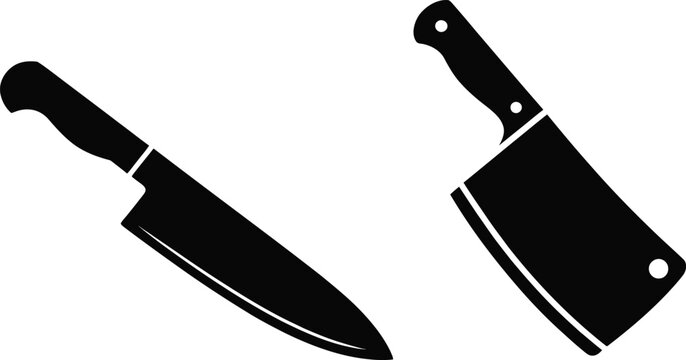Kitchen knife vector illustration of chef knife and meat cleaver butcher silhouette set for restaurant logo and culinary cooking tools design concept