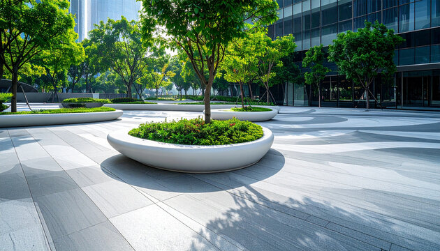 Modern Urban Oasis: A contemporary plaza features lush greenery, mature trees, and sleek architectural planters, creating a serene and modern public space adjacent to glass-facade buildings.