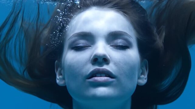 Young woman with closed eyes floating peacefully underwater in blue water.
