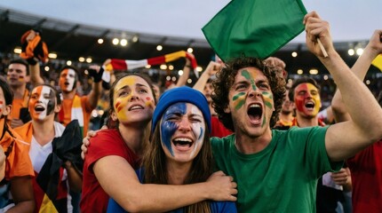 Fototapeta premium Group of people with face paint cheering at sports event with flags and crowd