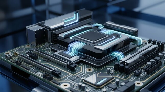 Closeup of a computer motherboard with glowing blue circuits and processor