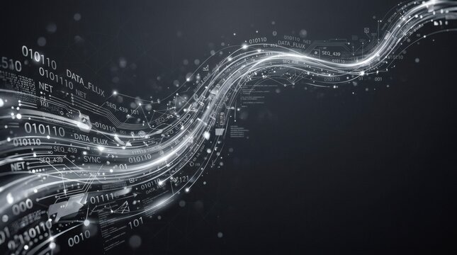 Futuristic digital wave with binary code on dark background