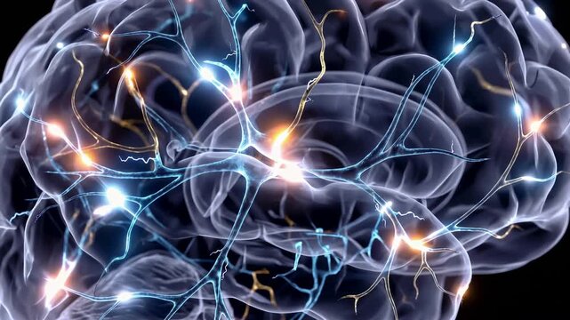 3D journey through human head toward brain, flashing neurons and active synapses transmitting electrical impulses, loopable neuroscience animation, biology, cognition and neural communication concept