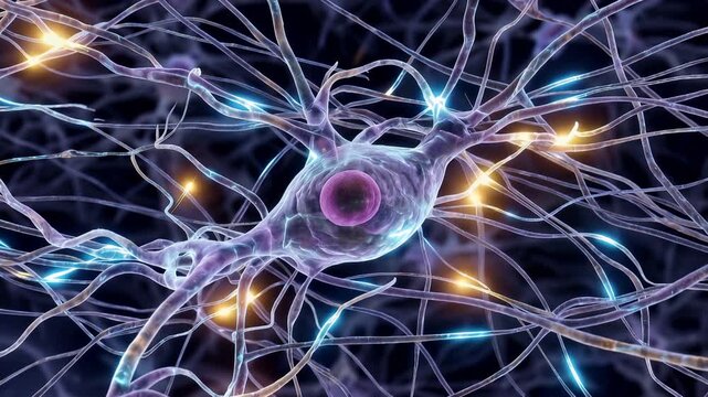 3D journey through human head toward brain, flashing neurons and active synapses transmitting electrical impulses, loopable neuroscience animation, biology, cognition and neural communication concept