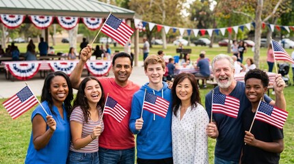 Naklejka premium Diverse group of people holding American flags at a 4th of July Independence Day celebration in a park. Happy community members participating in a patriotic summer holiday festival