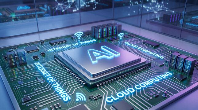 AI in the center of IoT silicon chip network data systems futuristic background