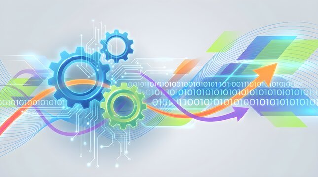 Futuristic digital technology background with rotating gears and binary code data stream flowing across network lines.
