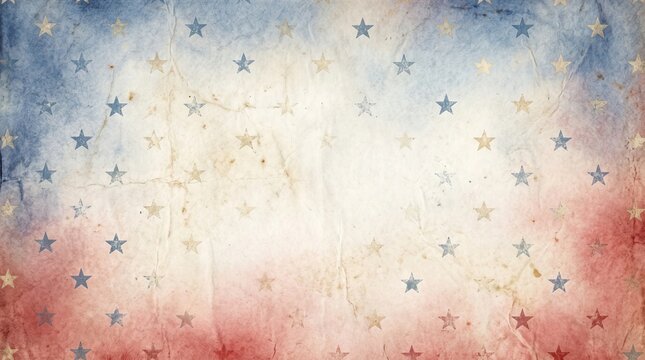 Vintage American flag pattern background for Independence Day. Distressed paper texture with stars, red and blue colors for patriotic holiday celebration and United States heritage