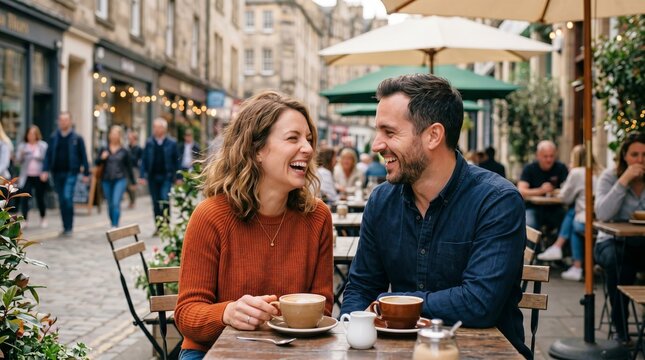 Close up of smiling couple enjoying coffee at outdoor cafe in charming city street. concept of relationship bonding, urban leisure, romantic cafe experience, happiness in urban setting