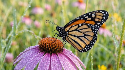Obraz premium Monarch Butterfly on Purple Coneflower with Dew Drops.