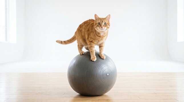 Playful tabby cat balancing on yoga exercise ball in minimalist room. concept of pet agility, feline fitness, unique home workout, indoor activity for cats., funny cat