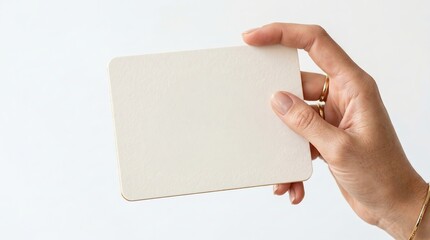 Obraz premium Hand holding blank card with white copy space for branding or message on neutral background. concept of invitation design, marketing collateral, personalized greeting card.
