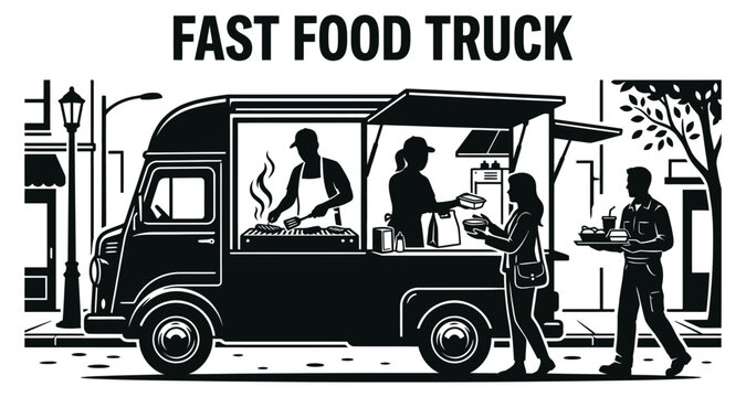 Food truck service with chefs and customers during daytime street scene Vector Silhouette Isolated on white background