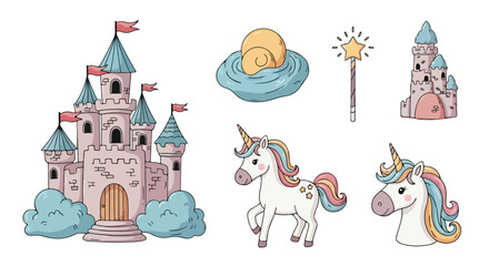 Magical unicorn and fairy tale castle vector set, whimsical pink princess palace with magic wand and clouds, cute fantasy creature illustrations © Bismillah.com
