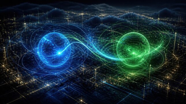 Futuristic digital city network with glowing blue and green energy spheres representing data connectivity.
