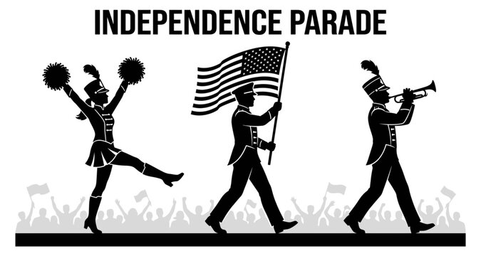 Marching band members with flag and pom-poms during a parade with crowd Vector Silhouette isolated on white background