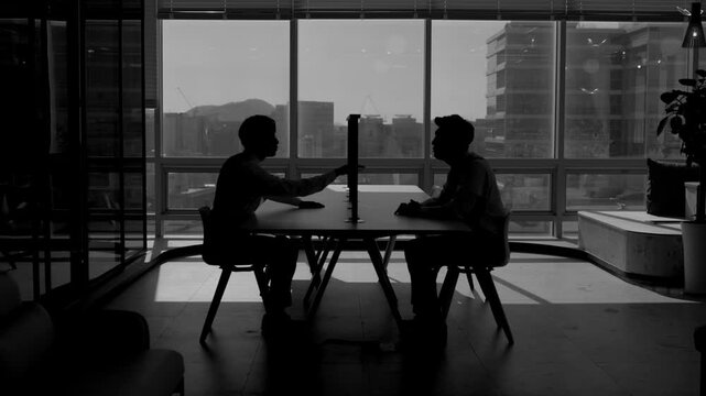 Silhouettes of two men having an animated discussion across a desk in a dark monochrome office interior with a bright city skyline and mountain visible through large windows.