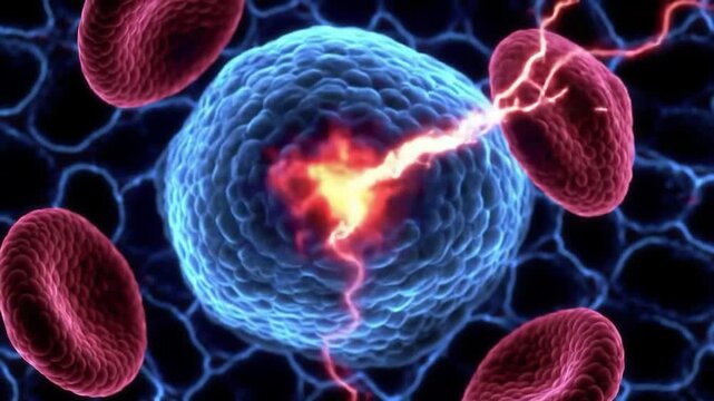Energy bolt striking a blue biological cell surrounded by red blood cells in a microscopic environment