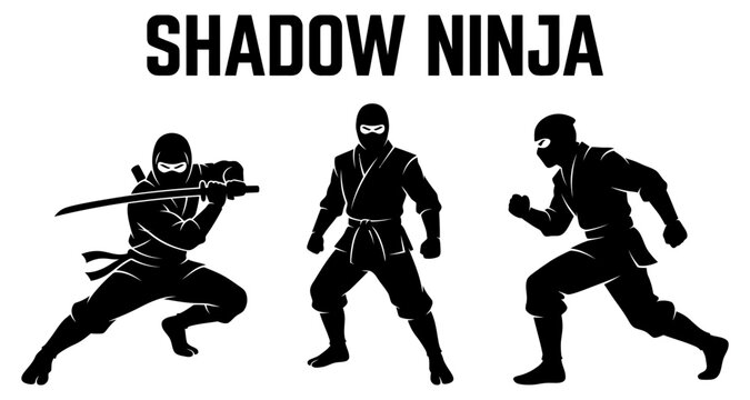 Three agile ninjas in action poses with swords during a stealth mission in silhouette style isolated on white background
