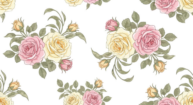 Vintage rose seamless pattern, elegant pink and yellow floral bouquets on white background, romantic botanical vector wallpaper for wedding stationery