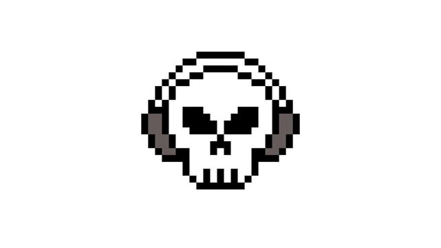 8-bit pixel art rock skull face listen to music with headset. looped animation 4k 30fps