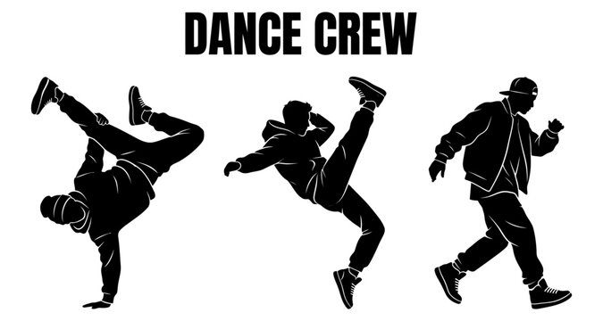 Three hip hop dancers performing moves during a street dance battle against a white background Vector Silhouette
