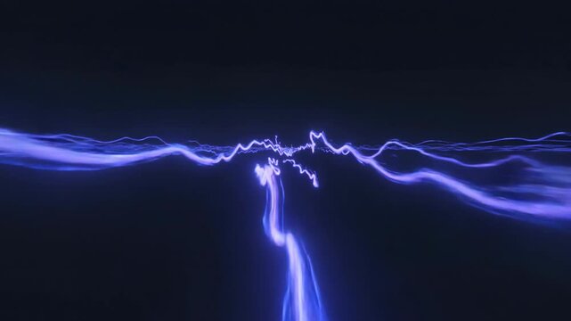 Abstract electric blue energy waves flowing through dark space, digital lightning storm