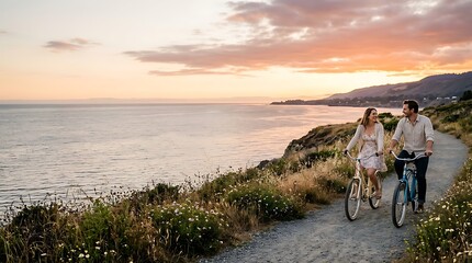 Fototapeta premium Couple riding bicycles along a scenic coastal path at sunset