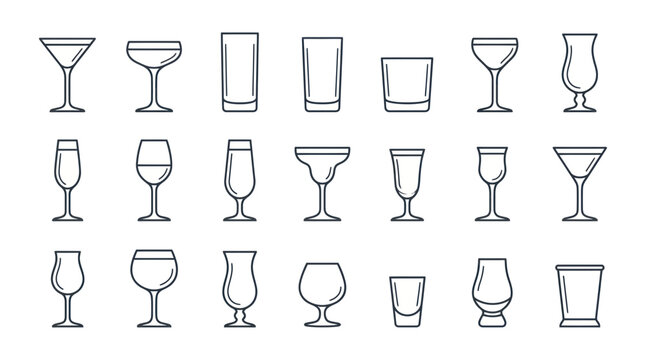 Collection of Various Cocktail and Drink Glasses - Vector Icons