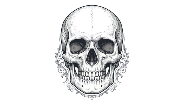 Detailed Human Skull Illustration with Ornate Decorative Border