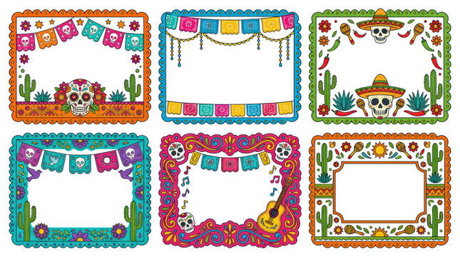 Day of the Dead Frames with Skulls, Cacti, and Papel Picado Banners