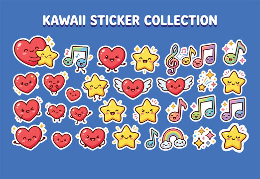 Kawaii cute heart star and music note stickers bundle with variety of funny emoticons vector design