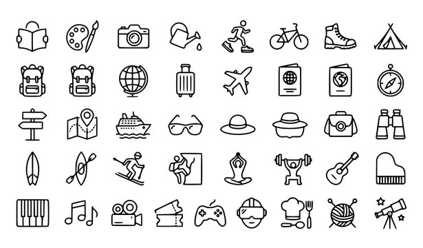 Modern hobbies and travel outline icon collection with leisure activity vectors