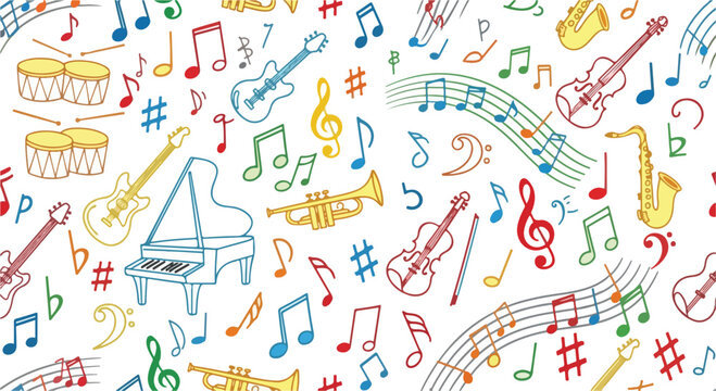 Hand drawn musical instruments seamless pattern, colorful doodle music notes and symbols background, artistic sketch of piano and guitar vector